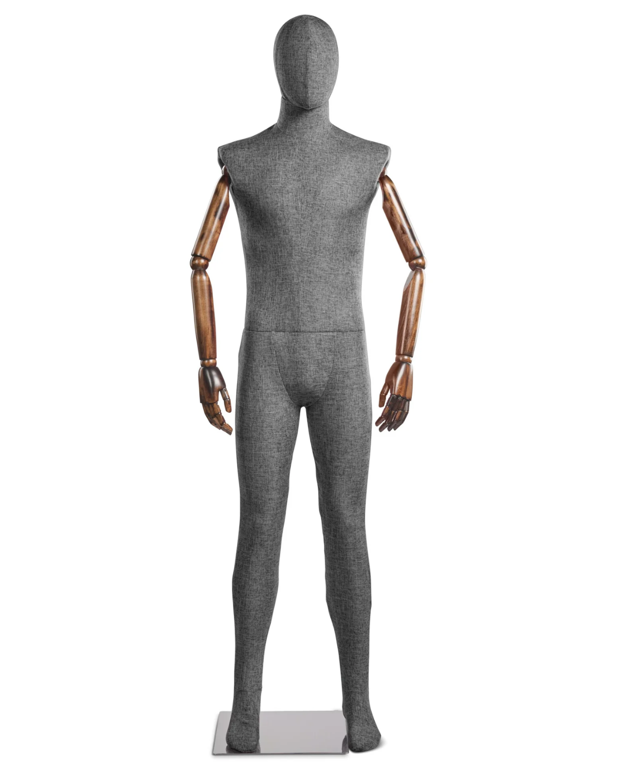 Posable male mannequin with fabric-wrapped torso and articulated wooden arms, ideal for displaying clothing and accessories.