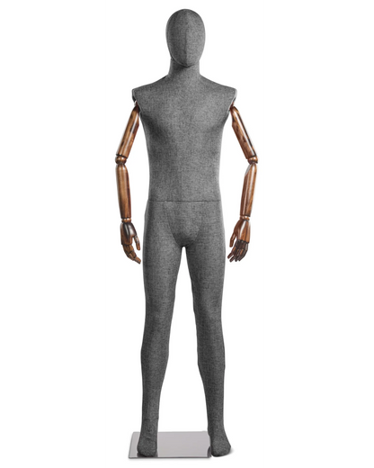 Posable male mannequin with fabric-wrapped torso and articulated wooden arms, ideal for displaying clothing and accessories.