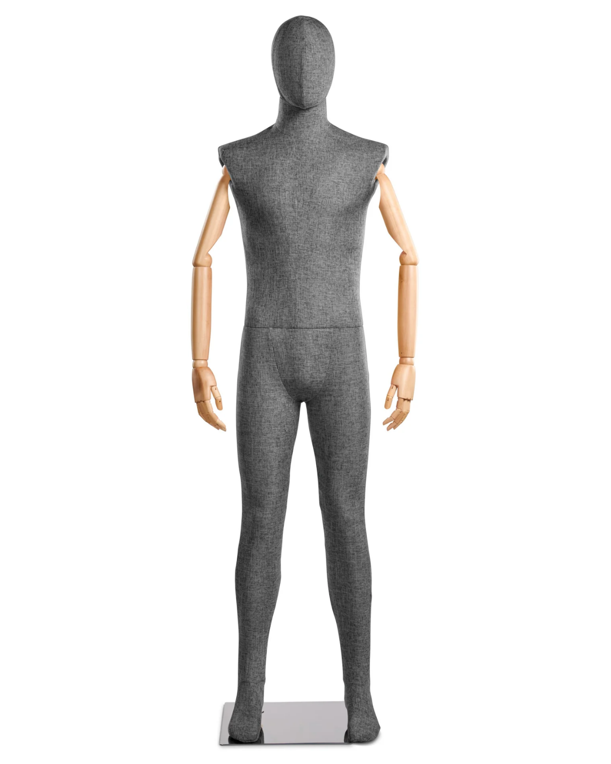 Posable male mannequin with fabric-wrapped torso and articulated wooden arms, ideal for displaying clothing and retail displays.