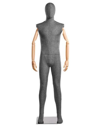 Posable male mannequin with fabric-wrapped torso and articulated wooden arms, ideal for displaying clothing and retail displays.