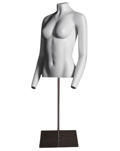 Angled view of ghost matte white female torso for apparel photography and retail displays