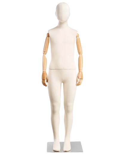 Child Fabric-Wrapped Mannequin – Posable with Articulated Wooden Arms (Multiple Finishes)