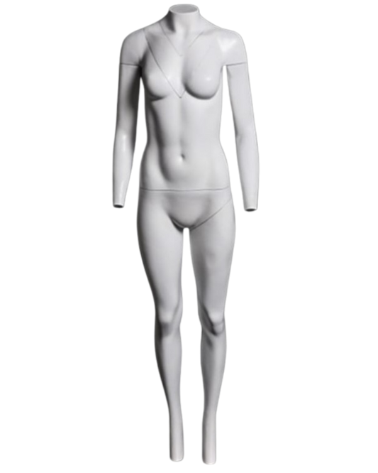 Ghost female mannequin displaying multiple removable component configurations for apparel photography
