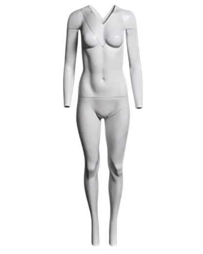 Ghost matte white female mannequin with magnetic removable components, posed for display by Roxy Display.