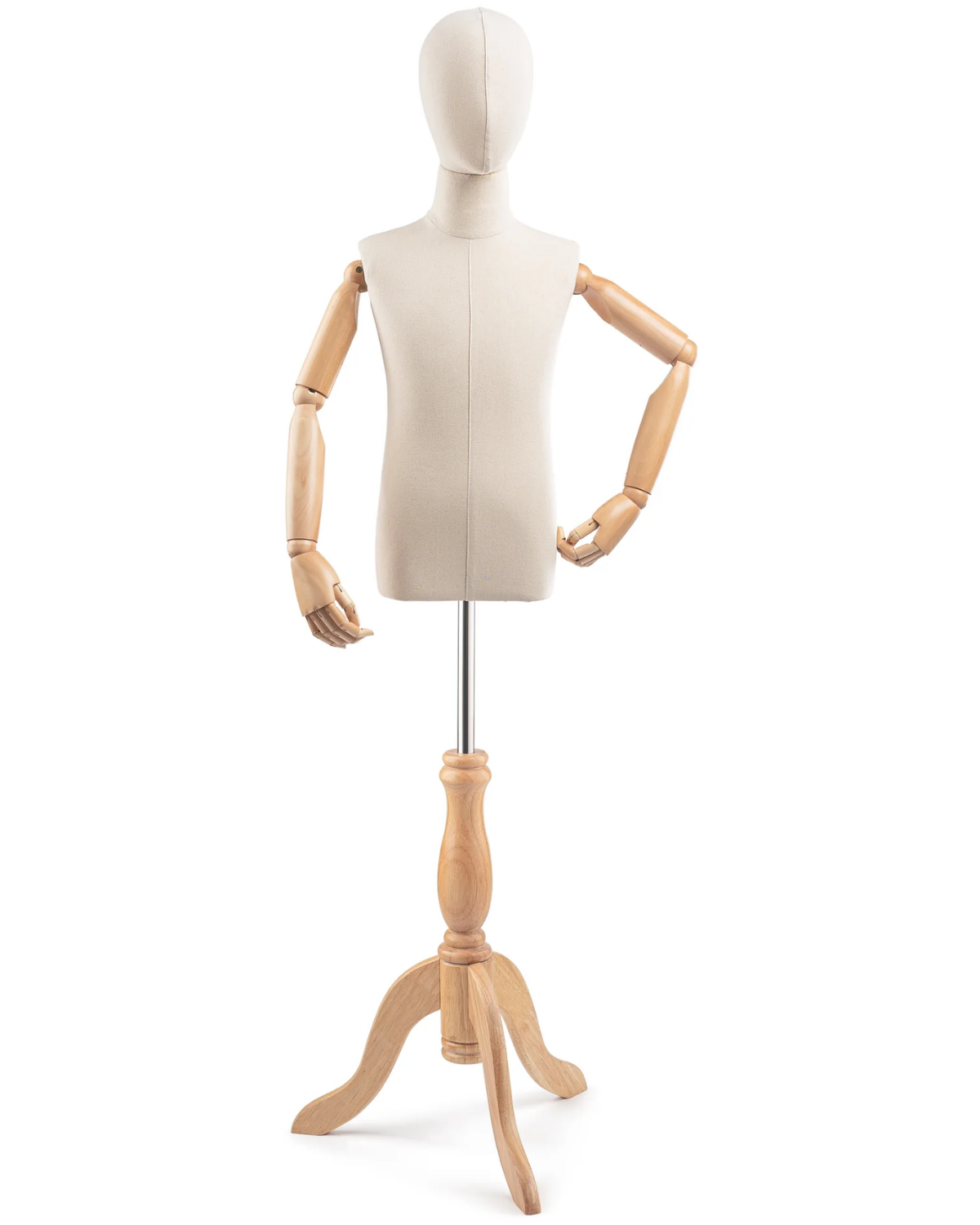 Posable child dress form with wooden tripod base and articulated arms, used for displaying children's clothing.
