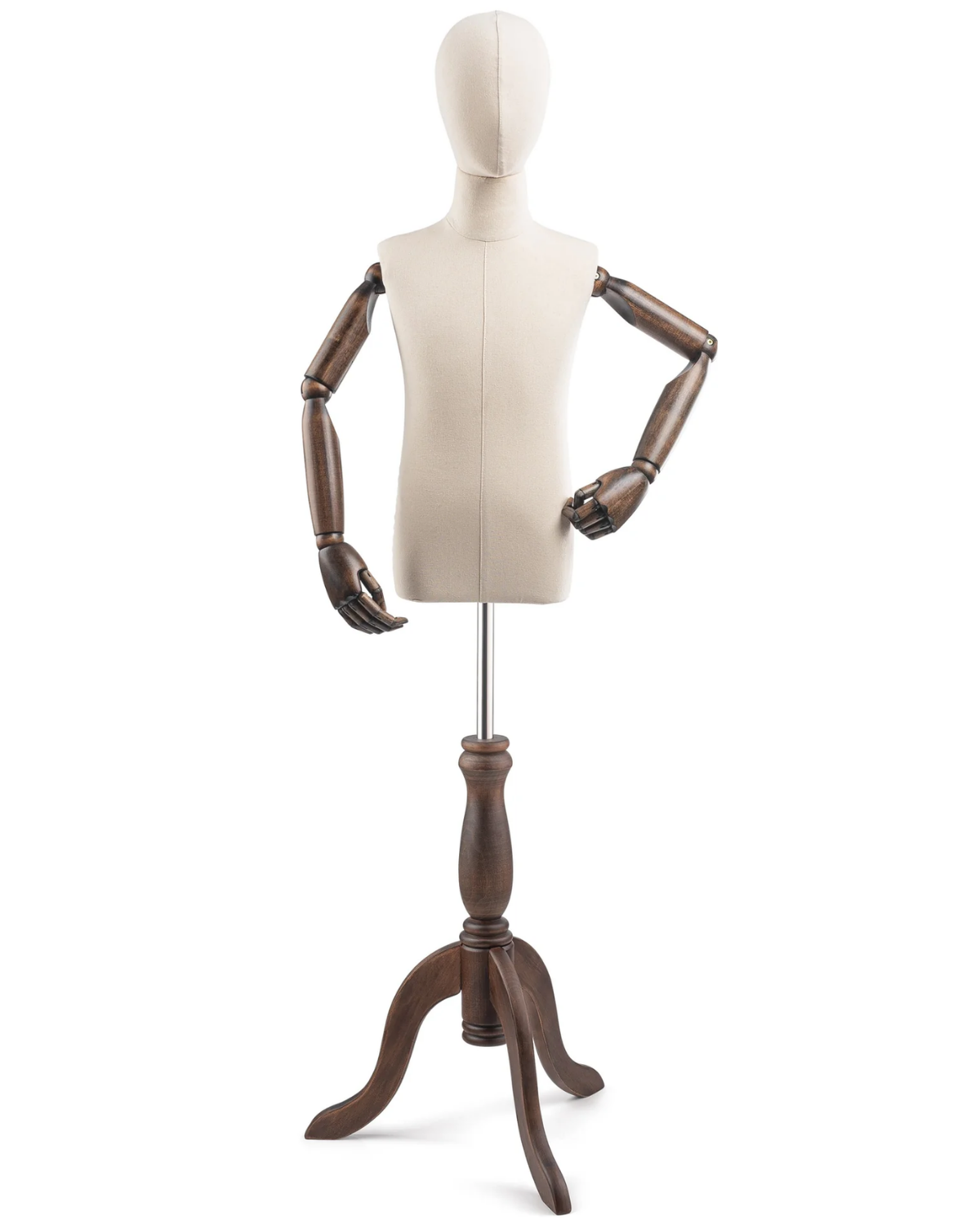 Child display dress form with wooden tripod base and articulated arms, used as a posable mannequin for clothing display.