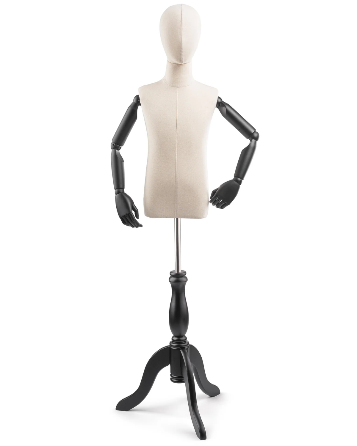 Child display dress form with wooden tripod base and articulated arms, used for fashion fitting and display.