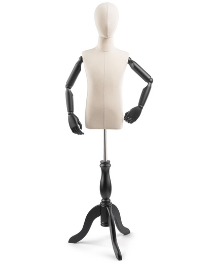 Child display dress form with wooden tripod base and articulated arms, used for fashion fitting and display.
