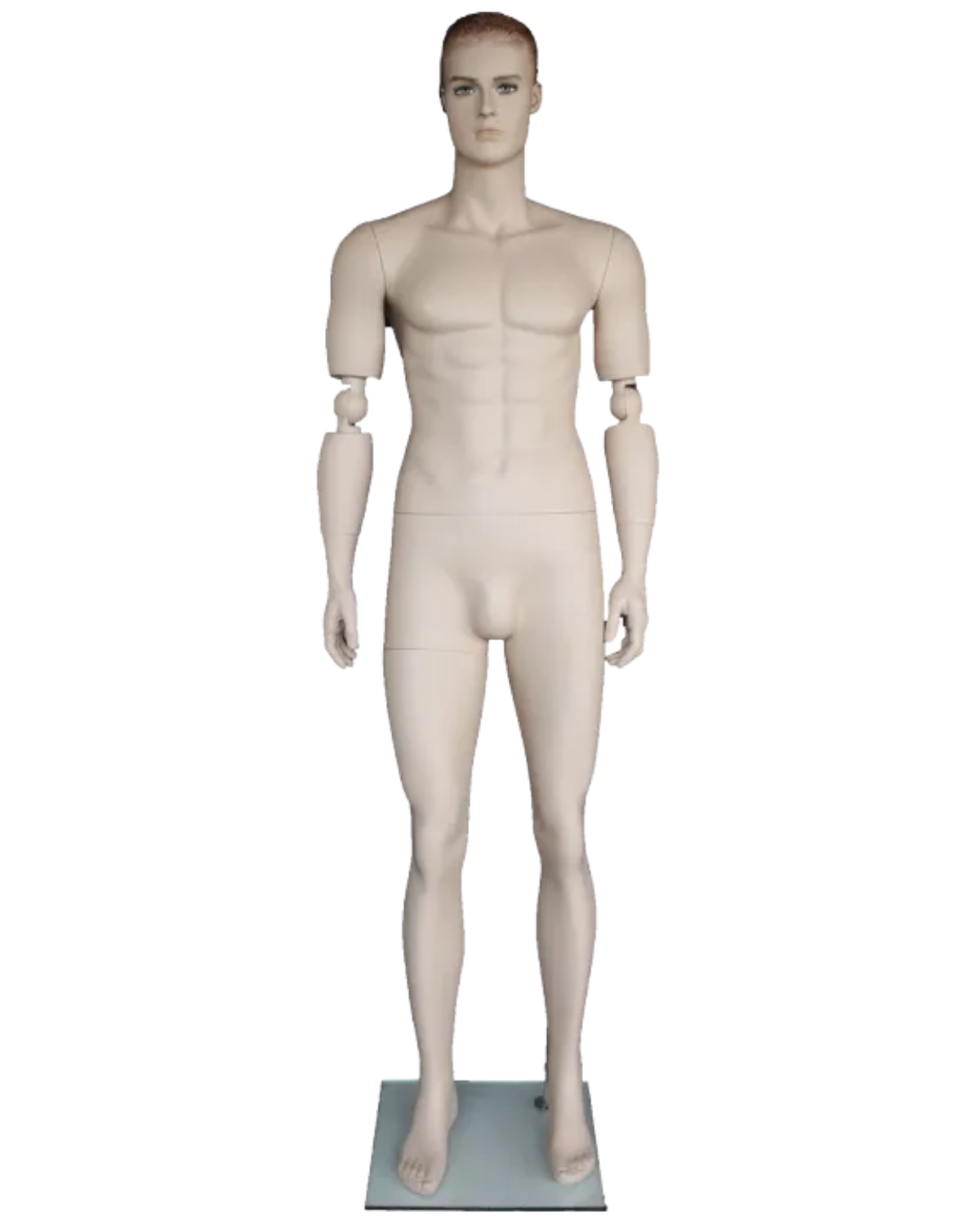 Posable male mannequin with articulated arms and realistic facial features for retail displays