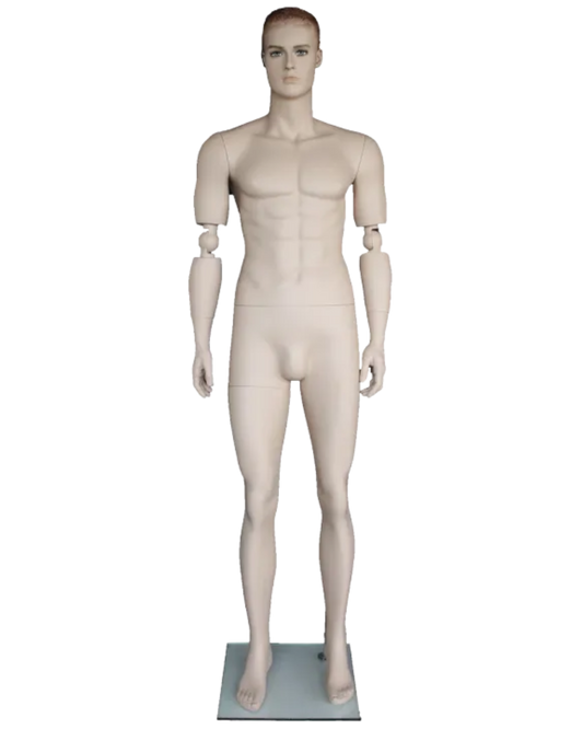 Posable male mannequin with articulated arms and realistic facial features for retail displays