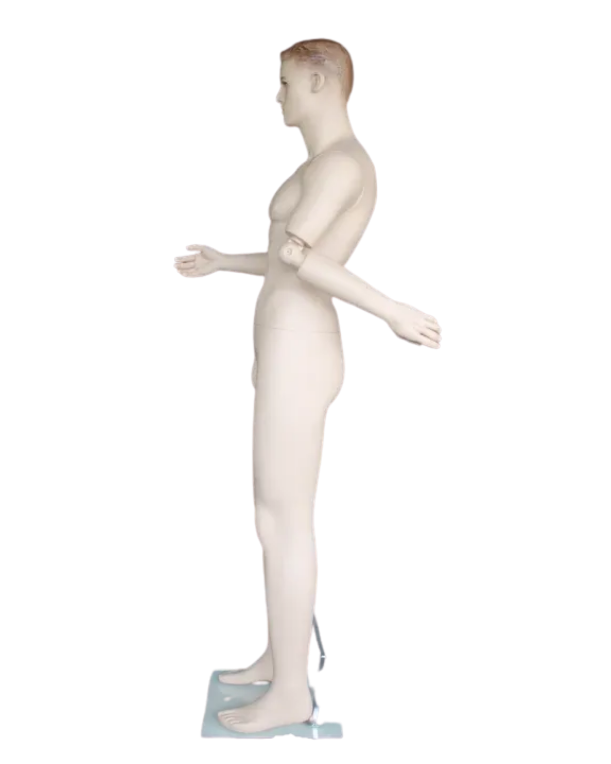 Side view of posable male mannequin with bendable arms and molded facial features
