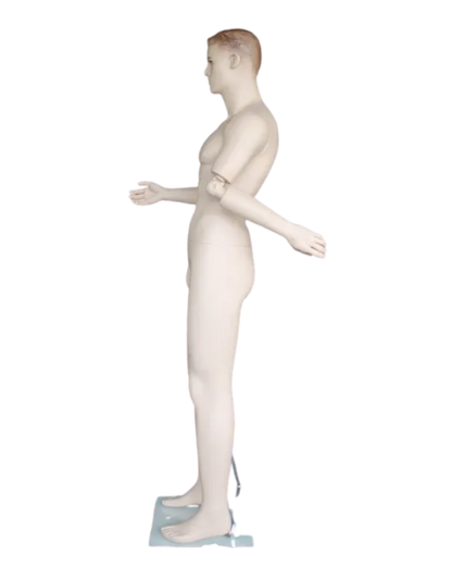 Side view of posable male mannequin with bendable arms and molded facial features