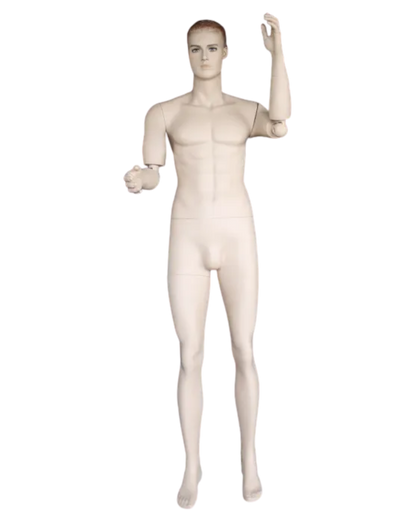 Posable male mannequin with adjustable articulated arms demonstrating flexible display positions