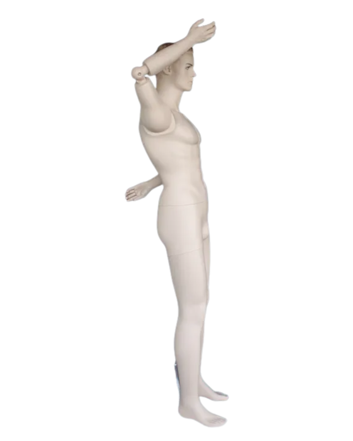 Profile view of posable male mannequin with bendable elbows and articulated arm joints