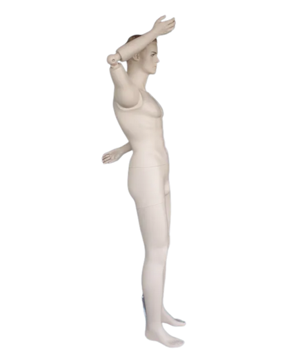 Profile view of posable male mannequin with bendable elbows and articulated arm joints