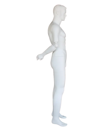 Posable white male mannequin side view arm behind