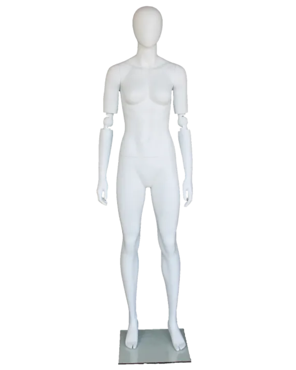 Abstract matte white female mannequin with adjustable arms, posable egghead design, by NYC.