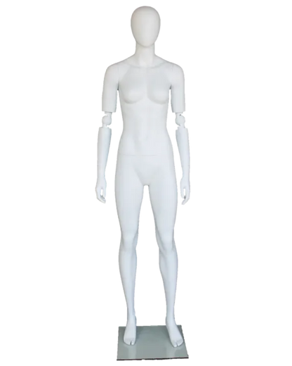 Abstract matte white female mannequin with adjustable arms, posable egghead design, by NYC.