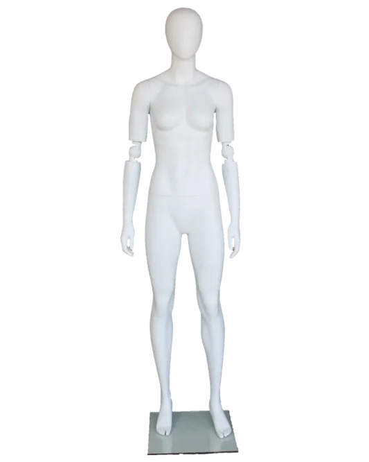 Abstract matte white female mannequin with adjustable arms, posable egghead design, by NYC.