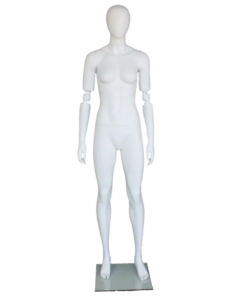 Abstract matte white female mannequin with adjustable arms, posable egghead design, by NYC.