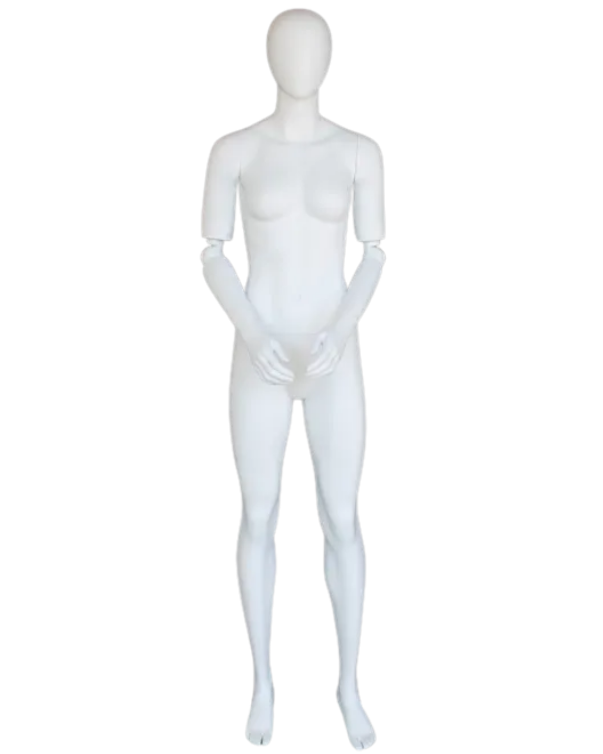 Abstract matte white female mannequin with adjustable arms, posable display mannequin by NYC, egghead design for retail displays.