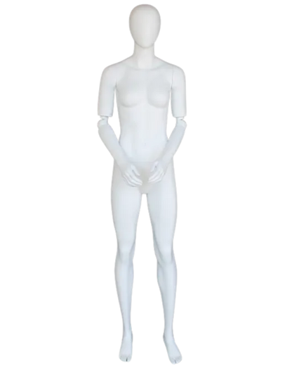 Abstract matte white female mannequin with adjustable arms, posable display mannequin by NYC, egghead design for retail displays.