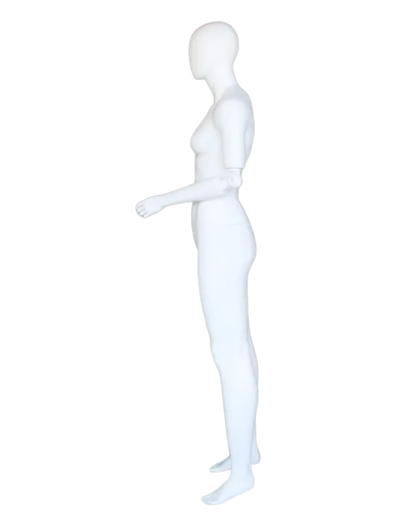 Abstract matte white female mannequin with adjustable arms, posable egghead display model by NYC.