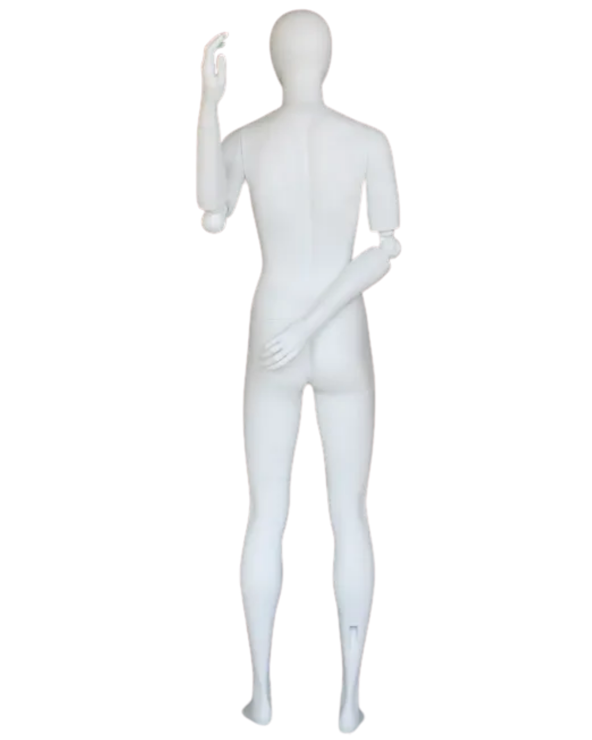 Abstract matte white female mannequin with adjustable arms, egghead design, posable pose, by NYC for display or fashion fitting.