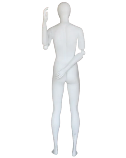 Abstract matte white female mannequin with adjustable arms, egghead design, posable pose, by NYC for display or fashion fitting.