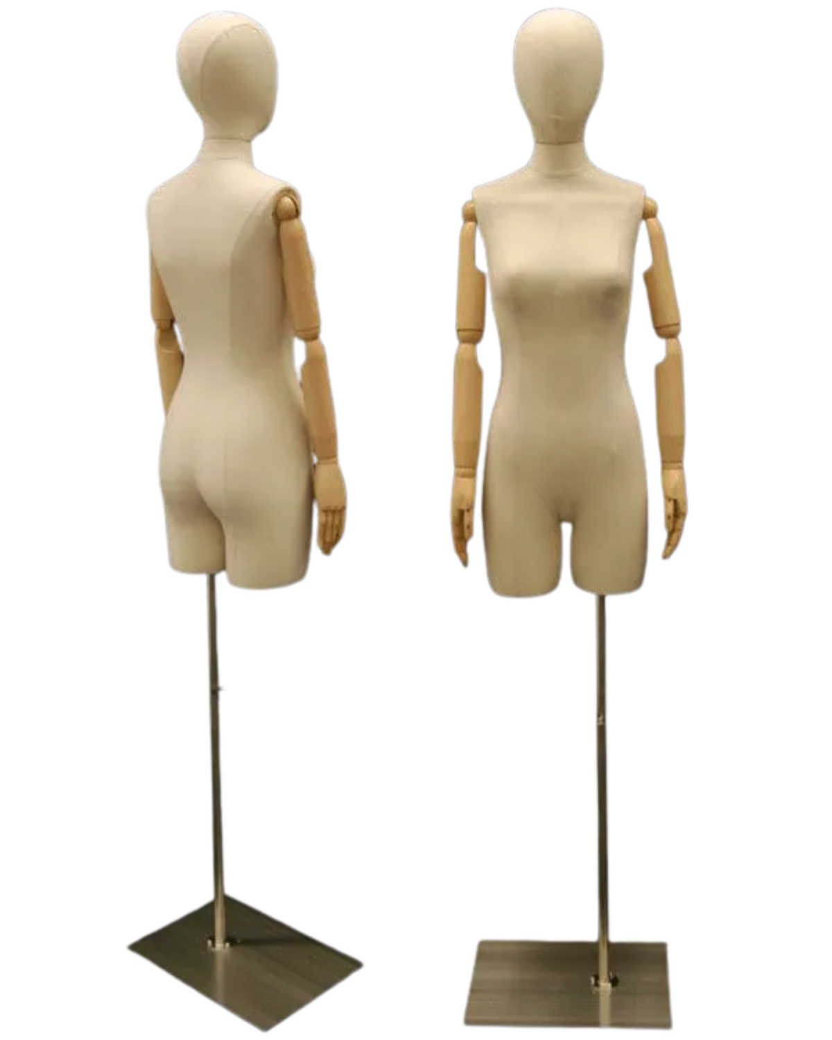 Two wooden articulated mannequins on metal display stands, shown from the back and front views against a plain white background.