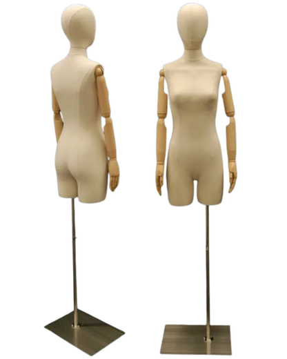 Two wooden articulated mannequins on metal display stands, shown from the back and front views against a plain white background.