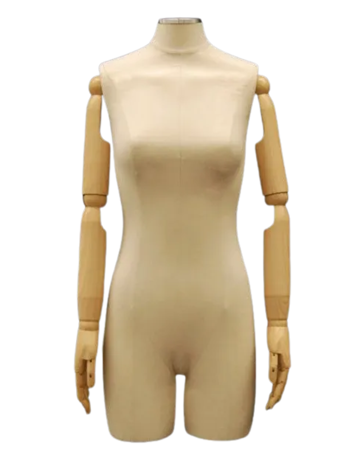 A beige female mannequin torso with articulated wooden arms and hands, shown against a plain white background.