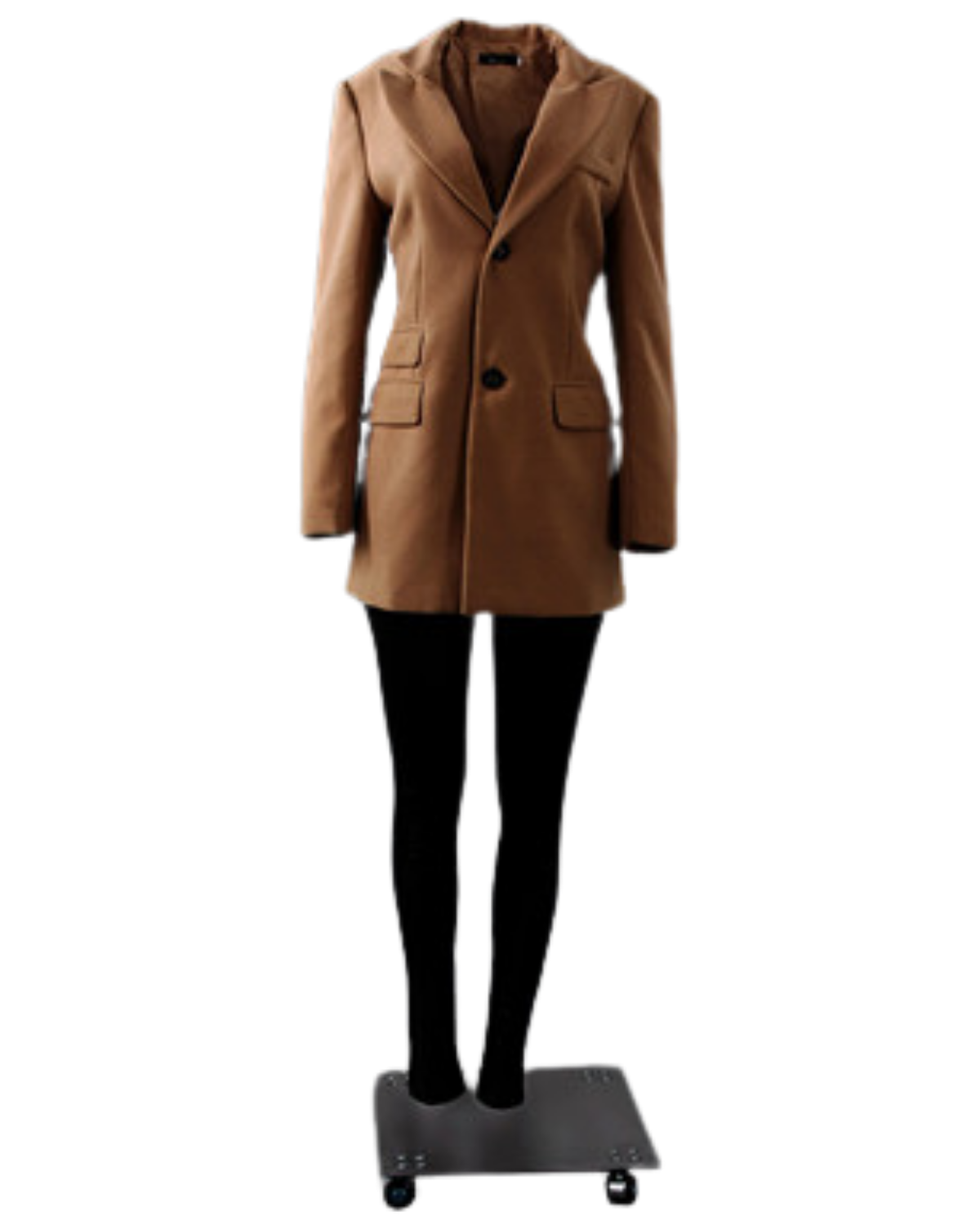 Ghost matte white female mannequin with magnetic removable components mounted on rolling steel base