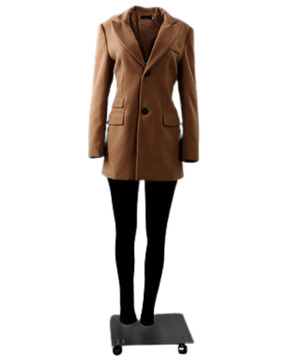 Ghost matte white female mannequin with magnetic removable components mounted on rolling steel base