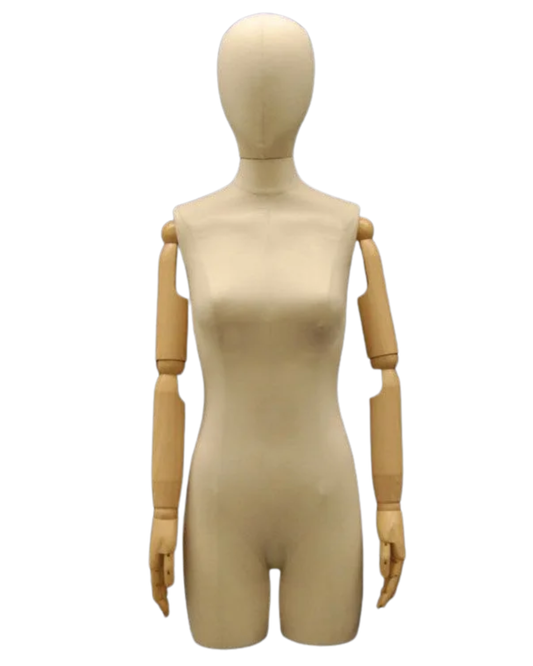 A wooden articulated female mannequin torso with a smooth beige plastic upper body and natural wood arms and legs, shown against a plain white background.