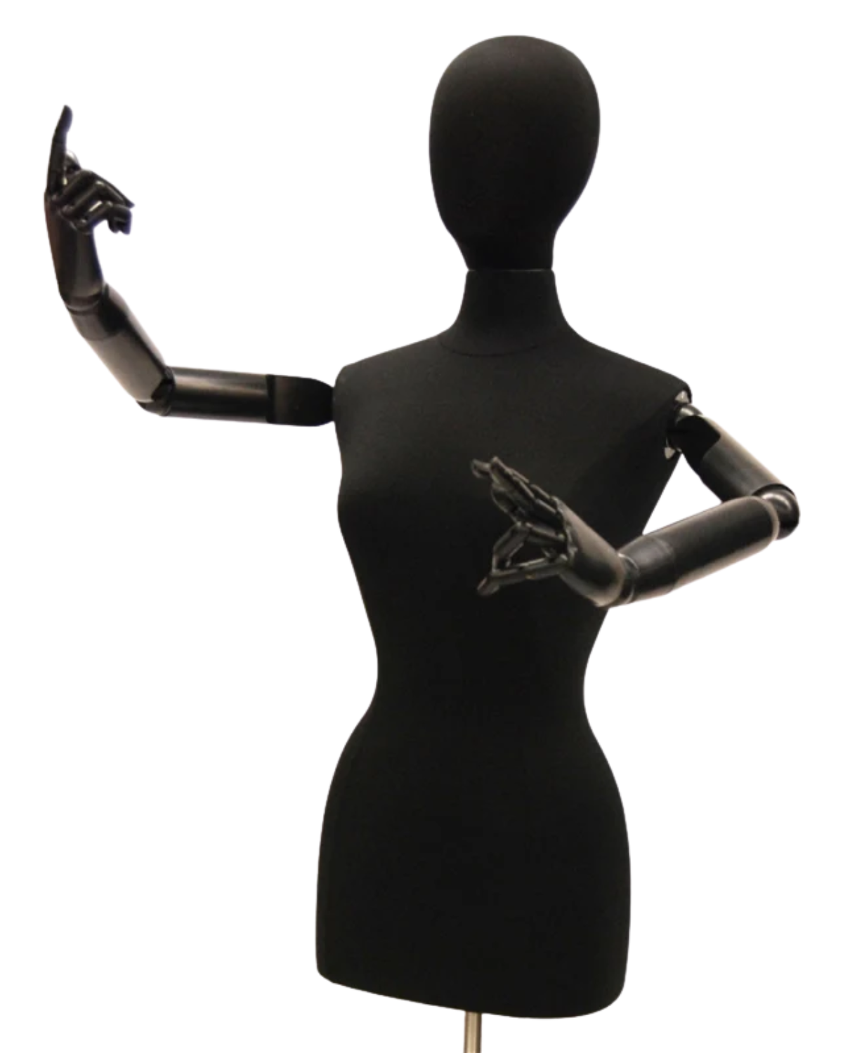 Black 3/4 dress form Female angled view arms raised