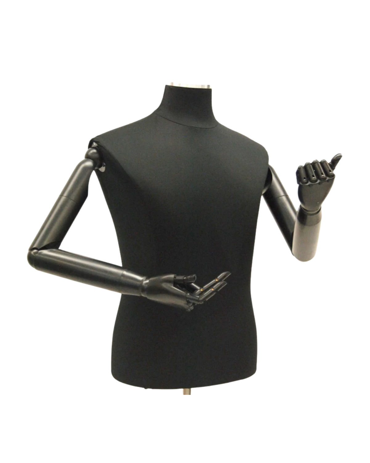 A black fabric mannequin torso with articulated arms and hands, shown against a plain white background.