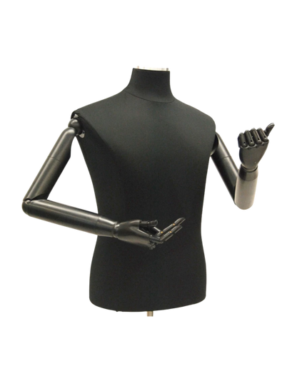 A black fabric mannequin torso with articulated arms and hands, shown against a plain white background.