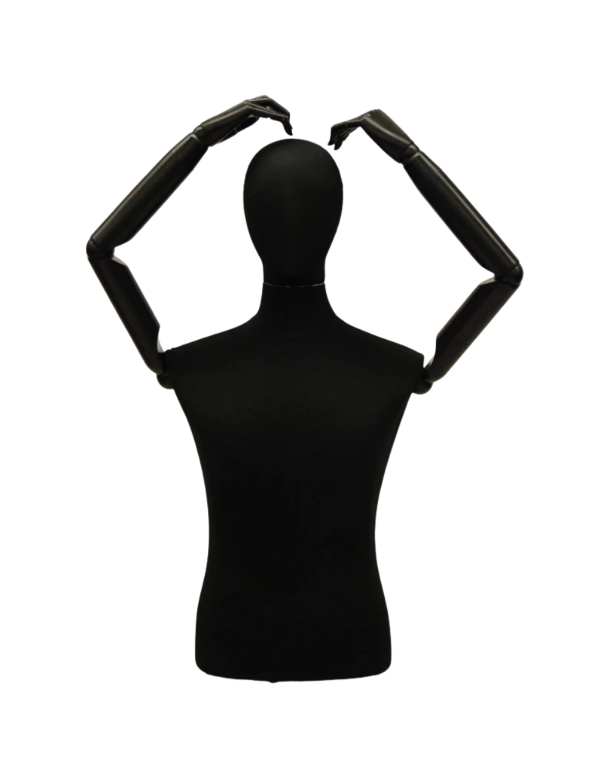 A black mannequin torso with raised arms, shown from the back against a plain white background.