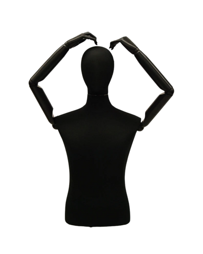 A black mannequin torso with raised arms, shown from the back against a plain white background.