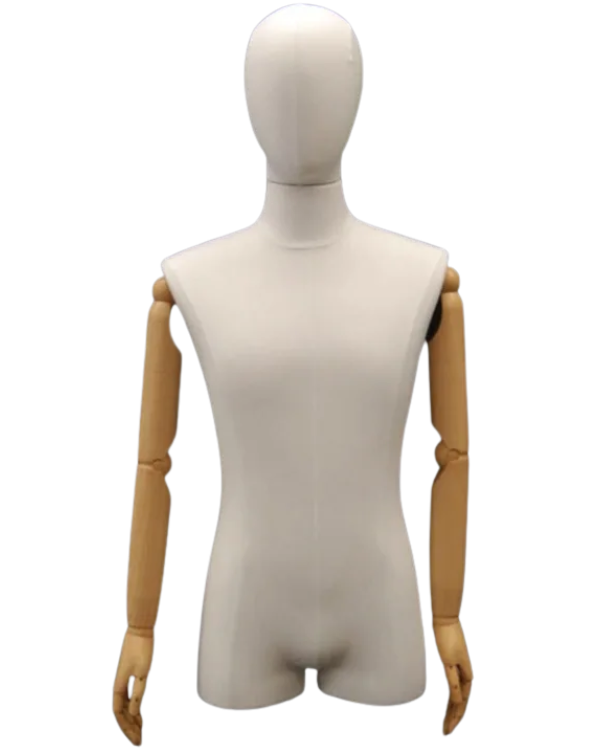 White linen dress form front view with wood look arms