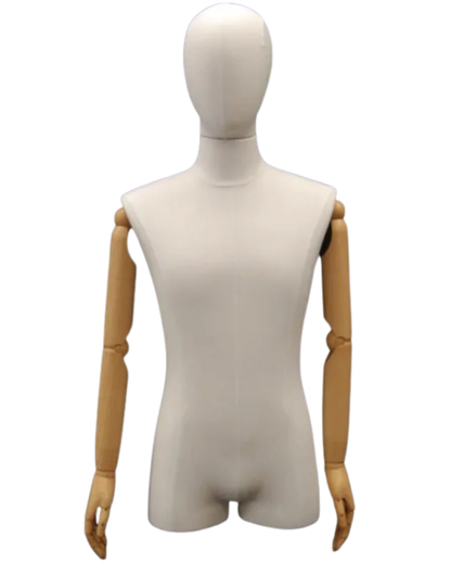 White linen dress form front view with wood look arms