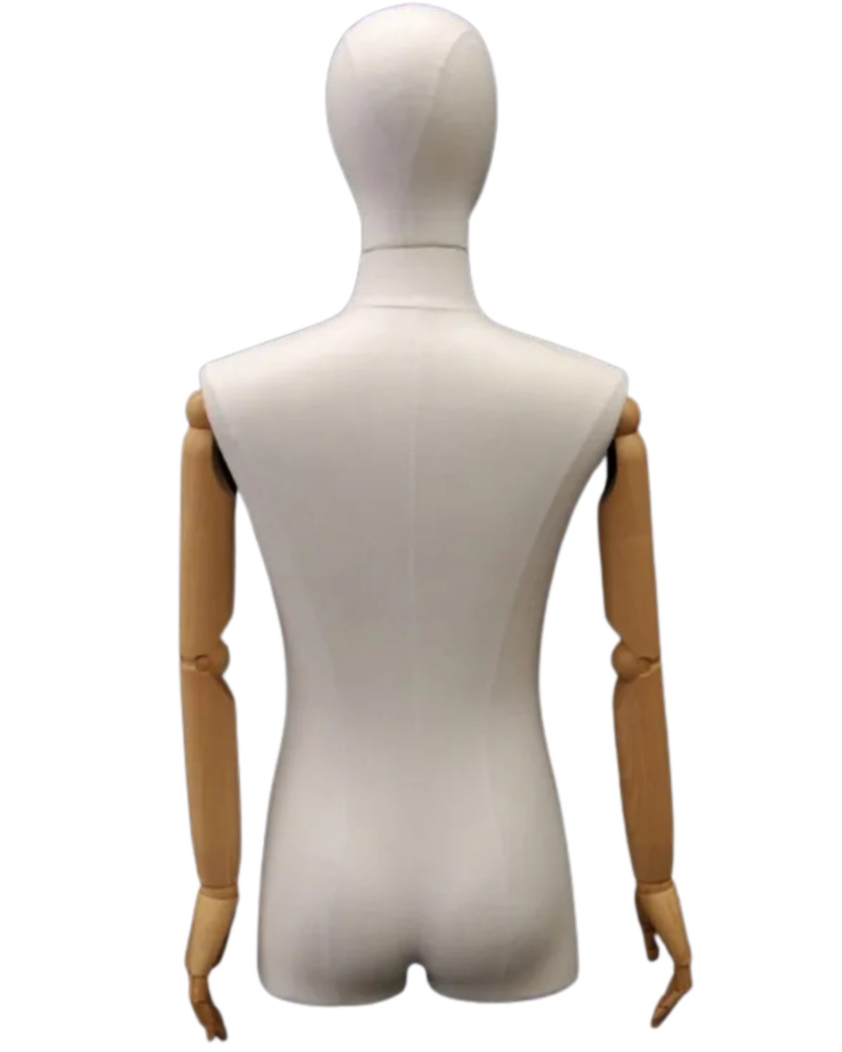 White linen dress form back view with wood-look arms