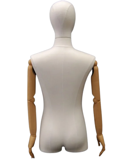White linen dress form back view with wood-look arms