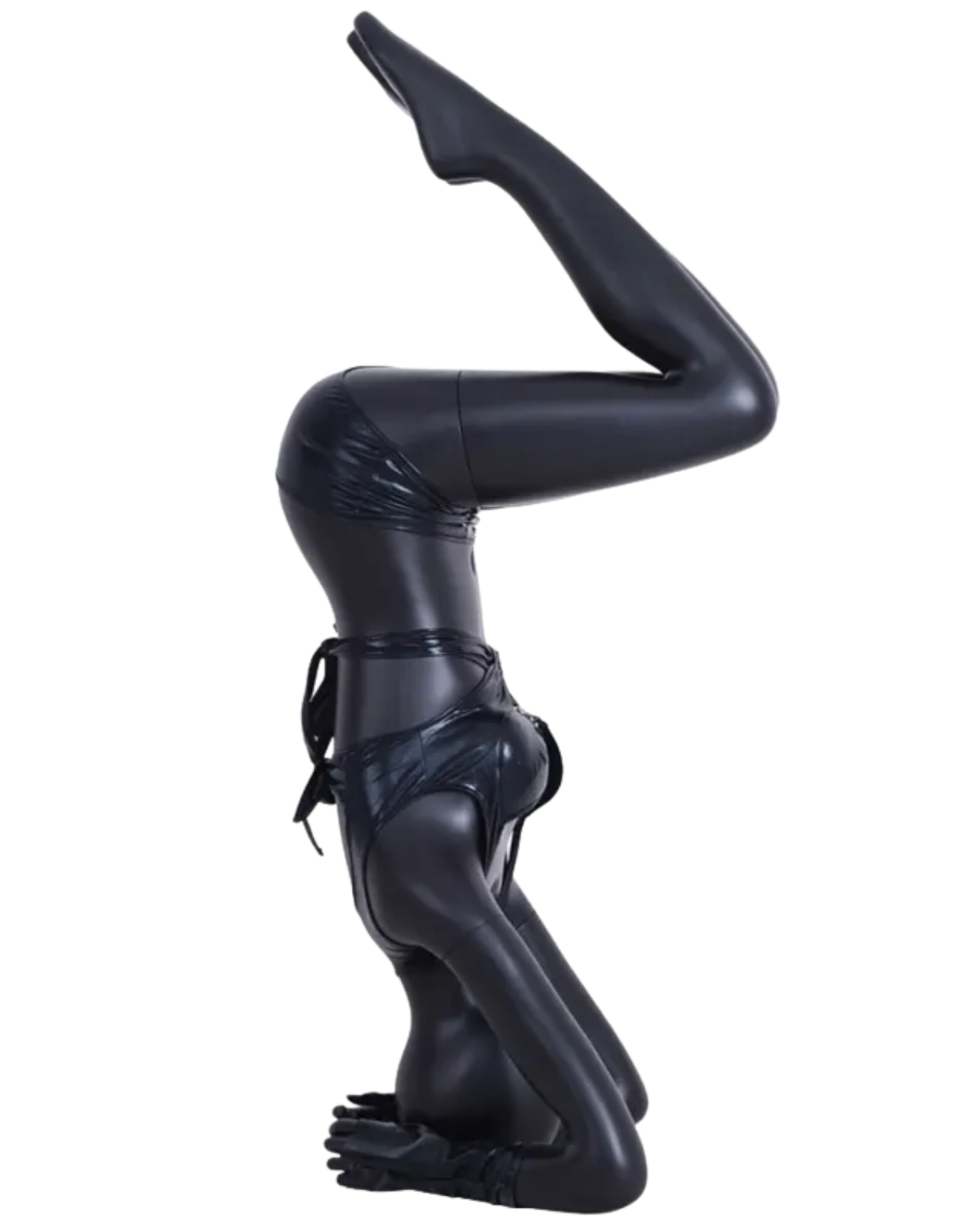 Matte Black fiberglass headstand pose mannequin side view dressed up