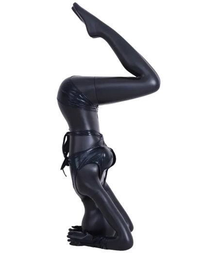 Matte Black fiberglass headstand pose mannequin side view dressed up