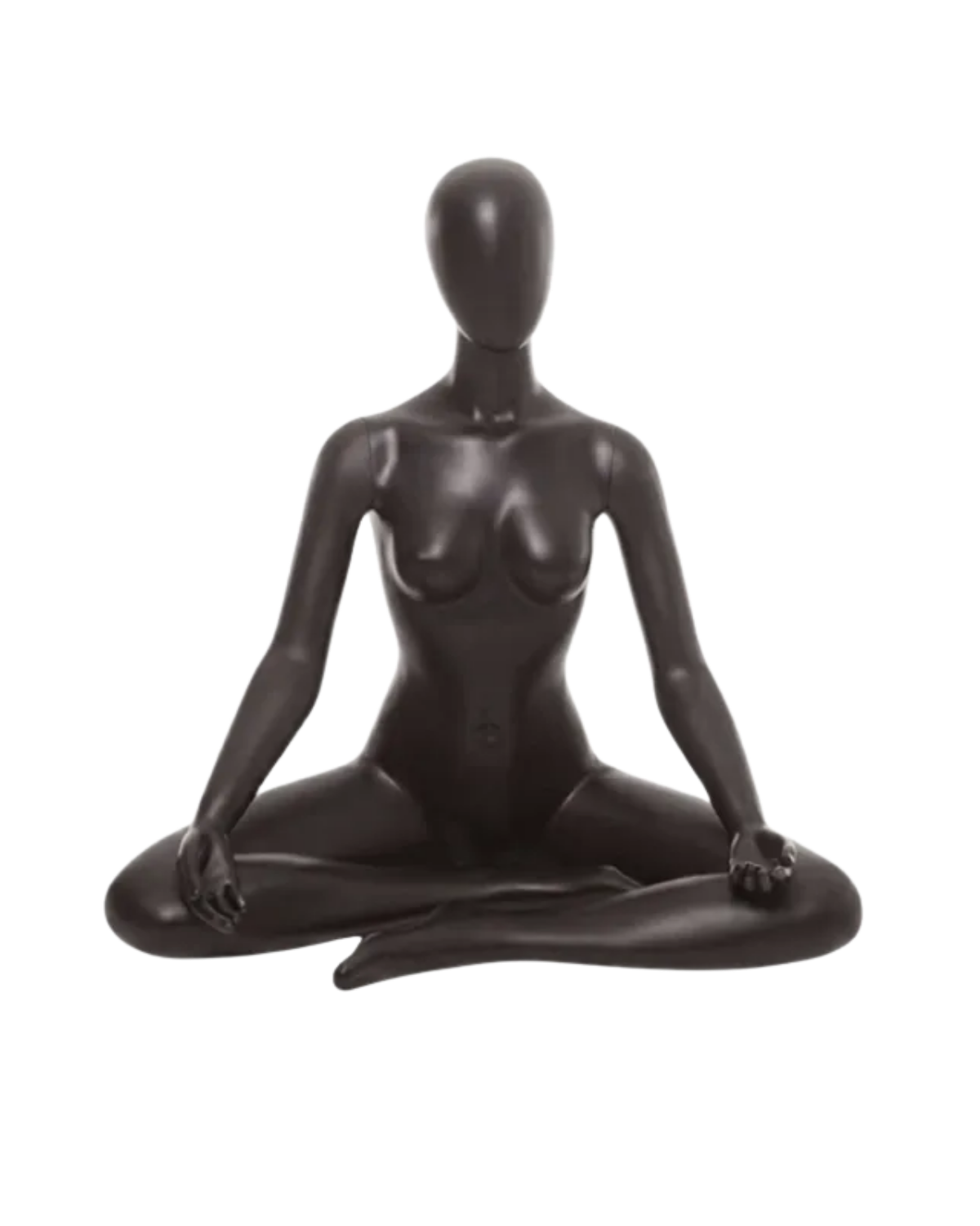 A glossy black female mannequin figurine seated in a lotus meditation pose, isolated on a white background.