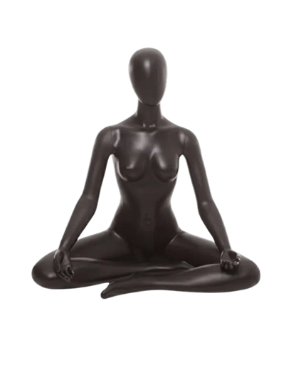 A glossy black female mannequin figurine seated in a lotus meditation pose, isolated on a white background.