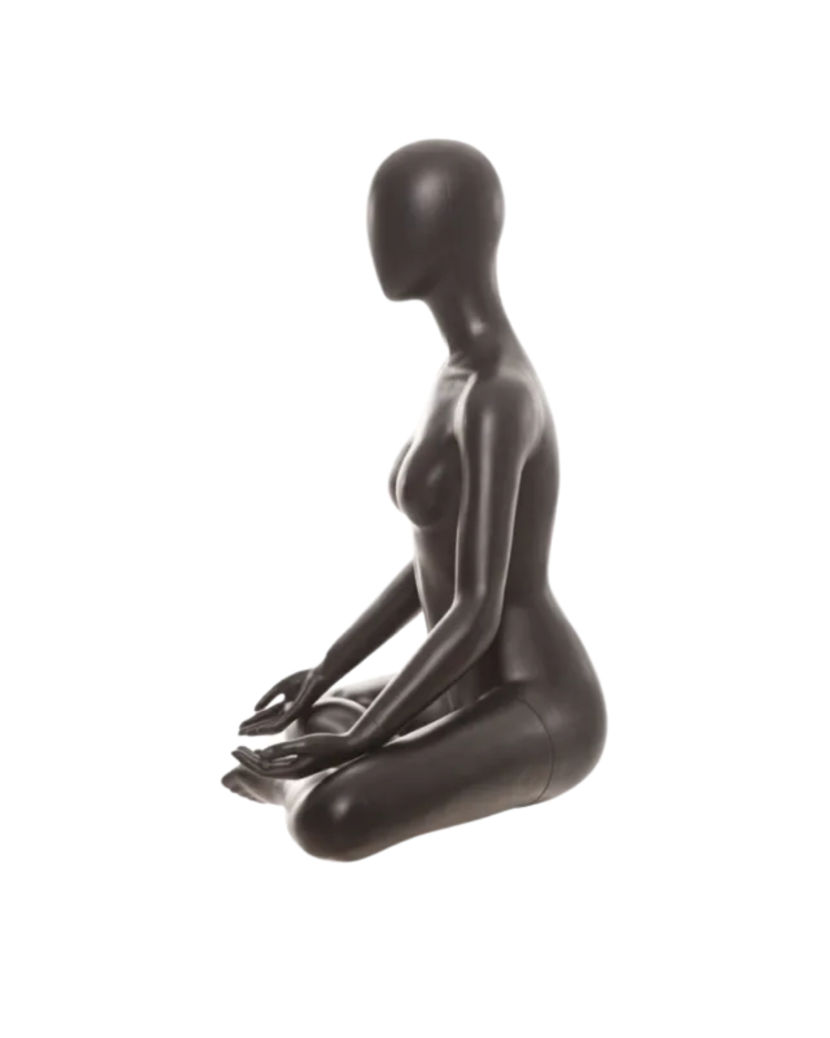 A glossy black female mannequin figurine posed in a seated meditation or yoga pose, shown from the side against a plain white background.