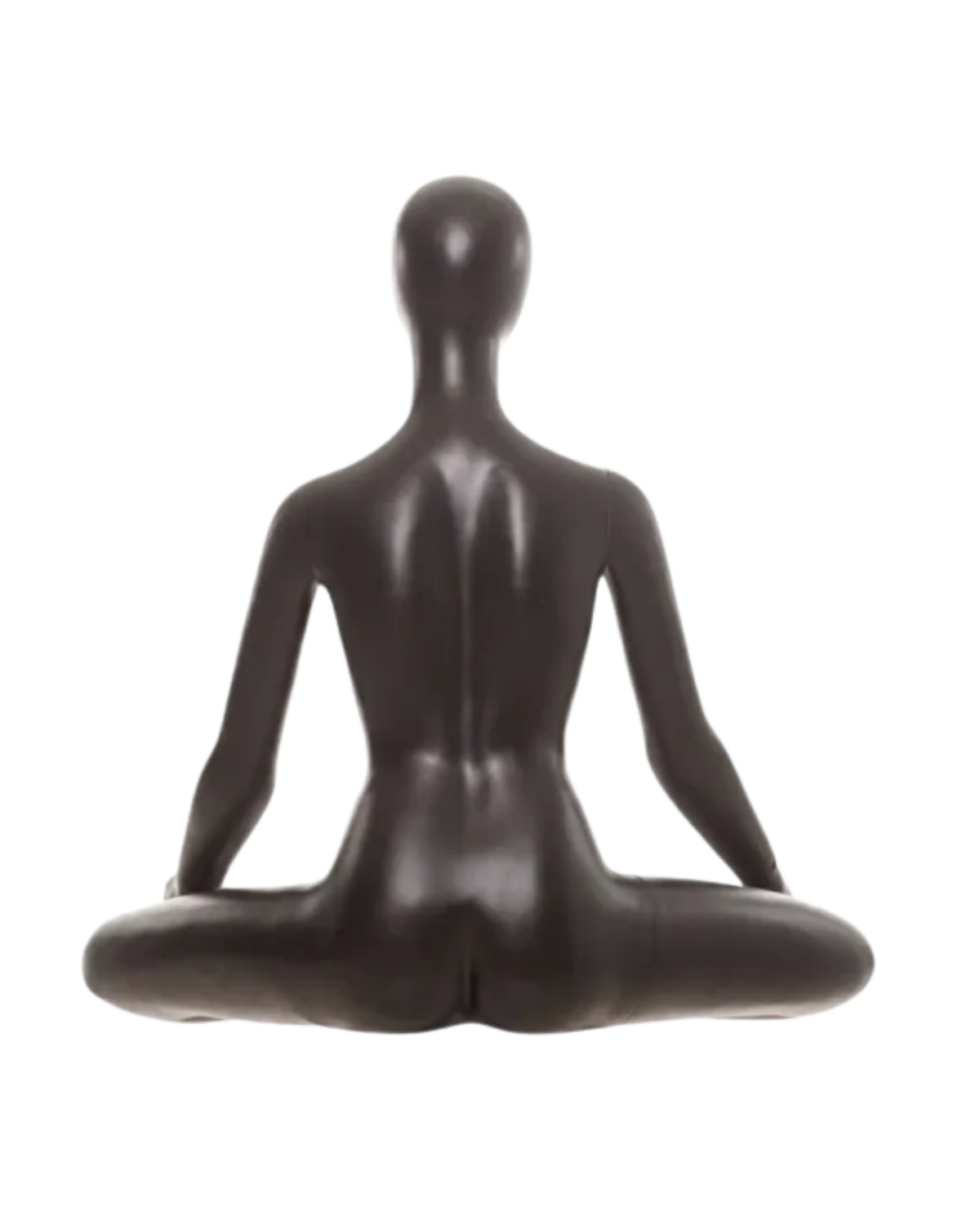 A dark brown matte yoga mannequin figure shown from the back, seated in a lotus position against a solid white background.